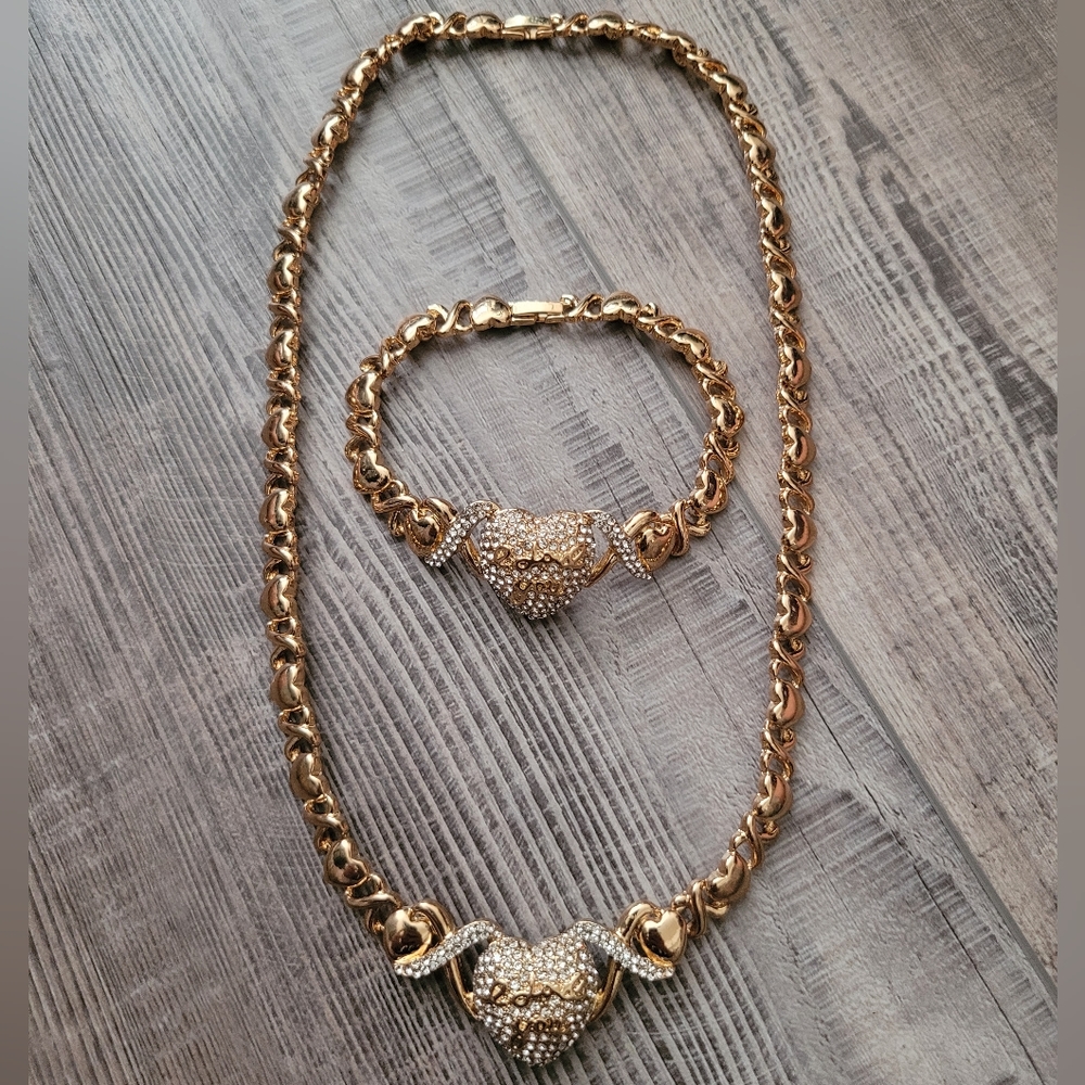 Gold X & Heart "I Love You" Necklace & Bracelet